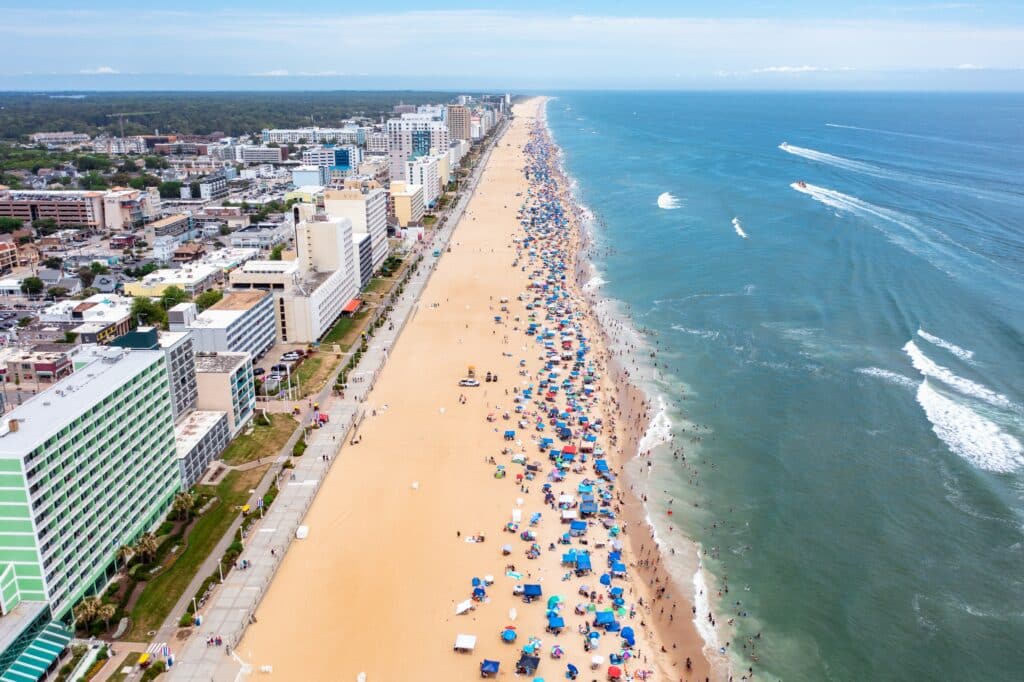 Virginia Beach Virginia: Aerial view of the Virginia Beach oceanfront looking north on the busy 4th of July Weekend