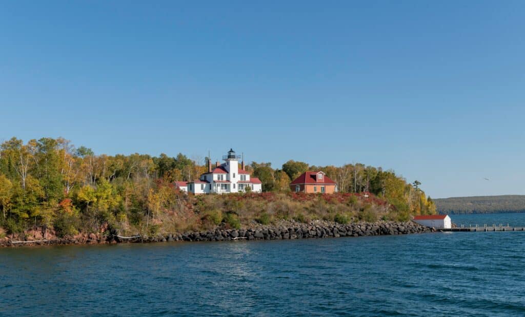 The lighthouse located on Raspberry Island part of the Apostle islands national lakeshore US park service.  Raspberry lighthouse is the most famous lighthouse of the apostle islands.