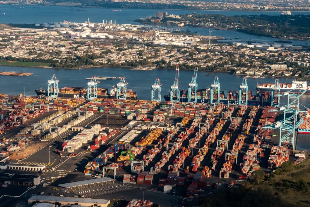 Port of Newark, Newark, New Jersey, USA - Aerial view of Shipping Containers, Newark Bay, Panamax cranes, and the Port of Newark - Elizabeth Marine Terminal