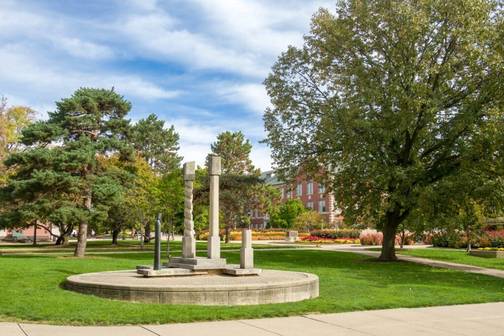 NORMAL, IL, USA: The Ruins IV Statue and Mall on the campus of Illinois State University.