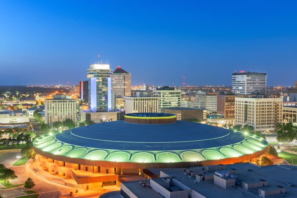 Wichita, Kansas, USA downtown skyline at dusk.