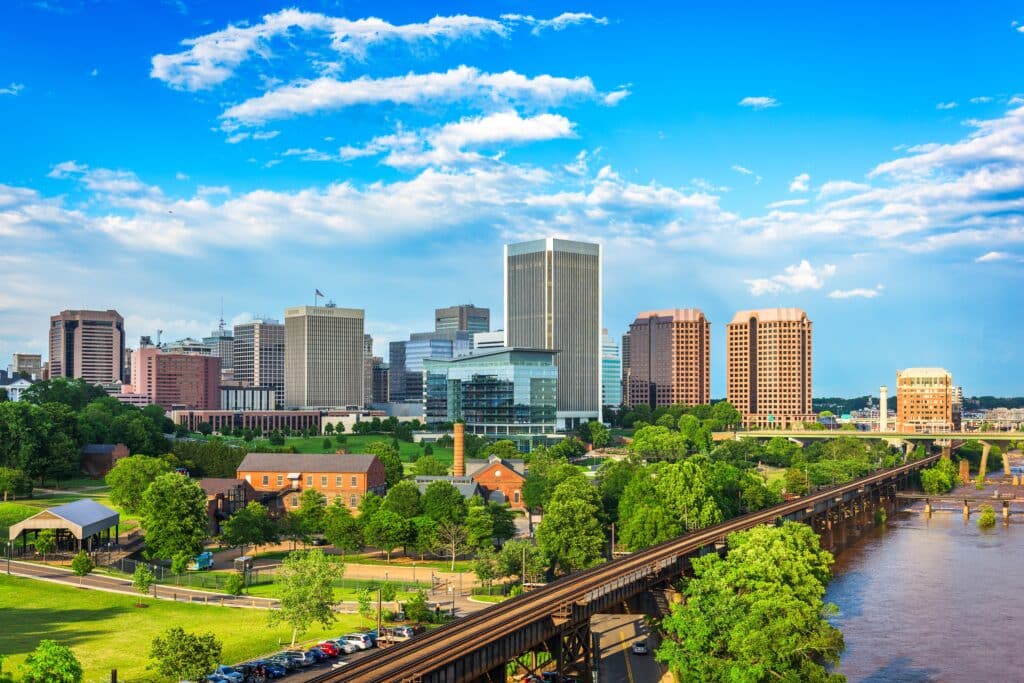 Richmond, Virginia, USA downtown skyline on the James River.