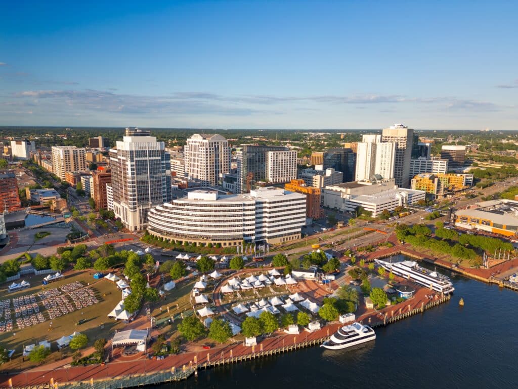 Norfolk, Virginia, USA downtown cityscape over the Elizabeth River.