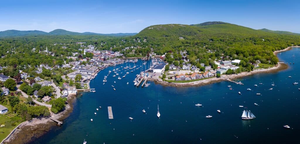 Aerial panoramic view of Camden, Maine, USA