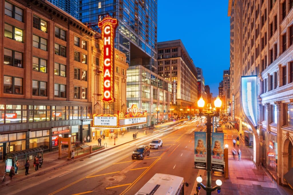 CHICAGO, ILLINOIS: The landmark Chicago Theatre on State Street at twilight. The historic theater dates from 1921.