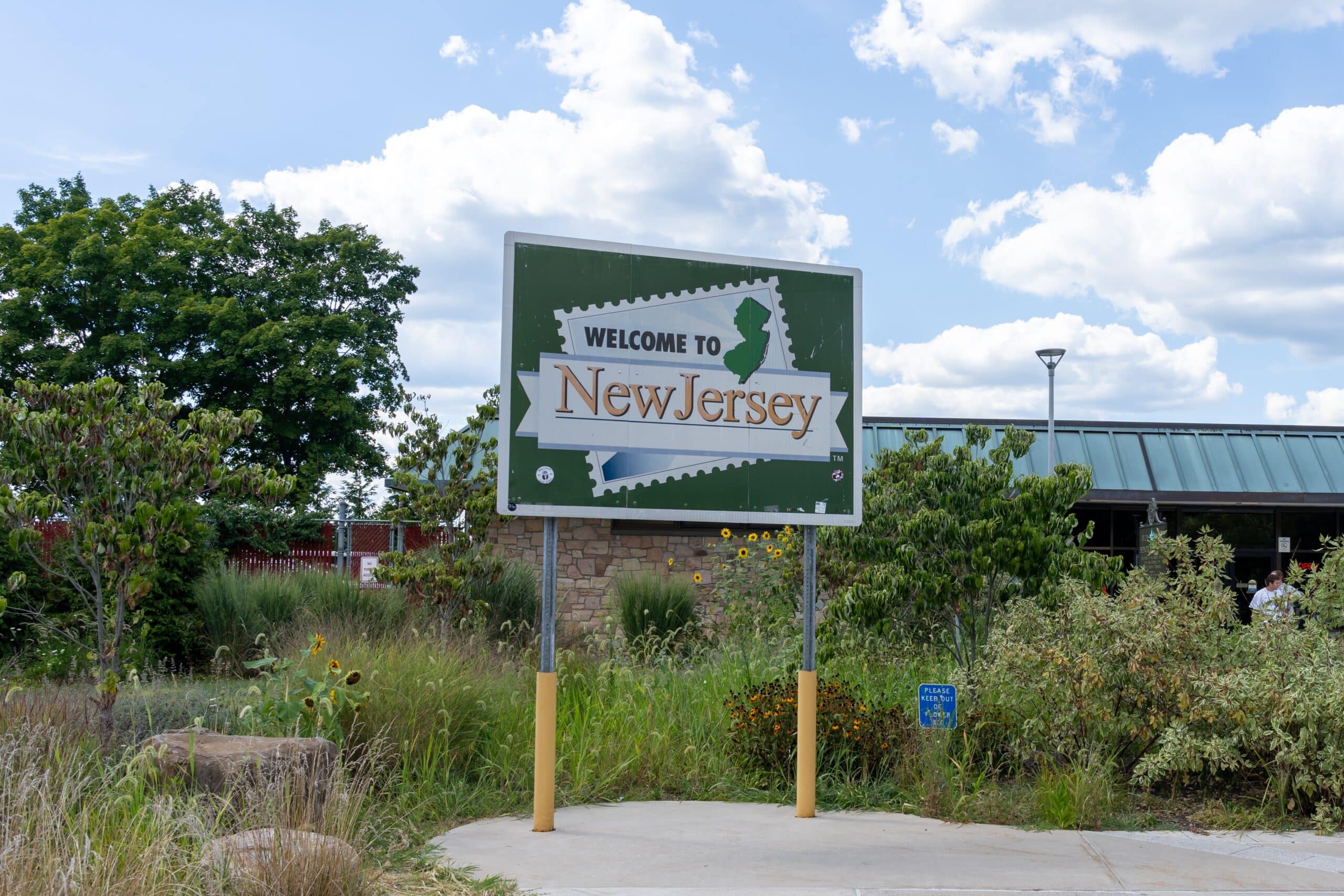 Welcome to New Jersey sign is seen. New Jersey is a northeastern U.S. state.