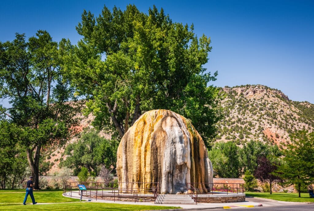Thermopolis WY USA: Originally built to vent steam from hot springs piped through the park, the original teepee shape is now layered in a mound of mineral deposits.