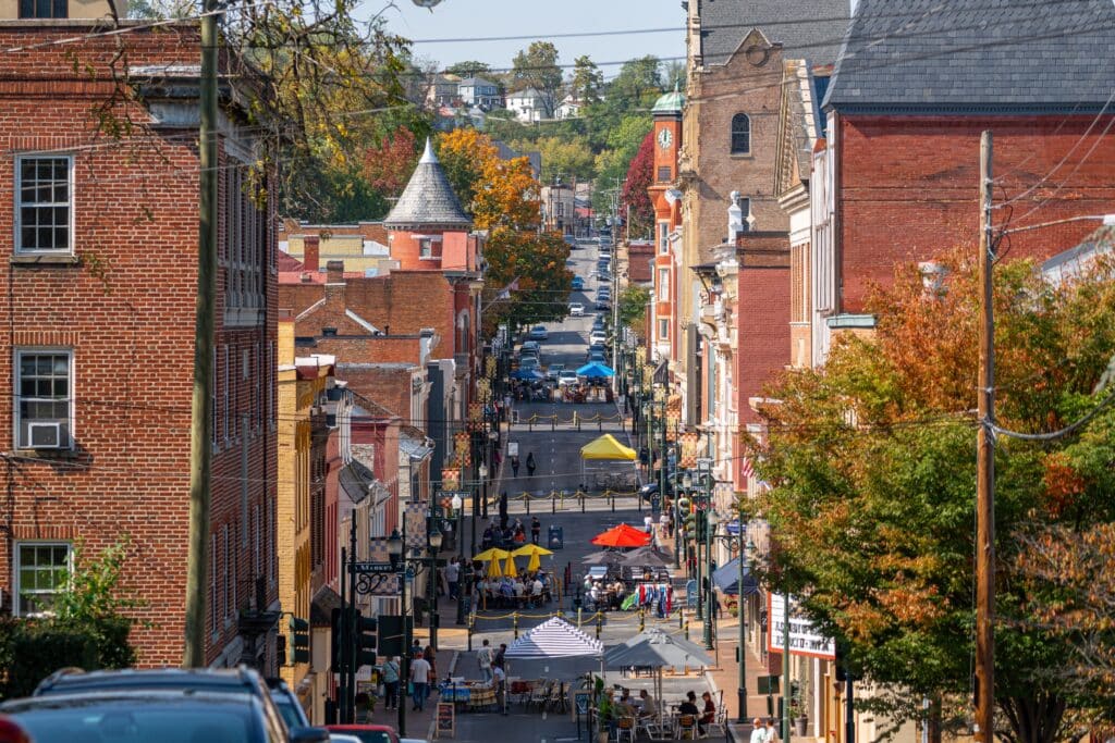 Downtown Staunton, Virginia, USA in autumn, Elevated view. 