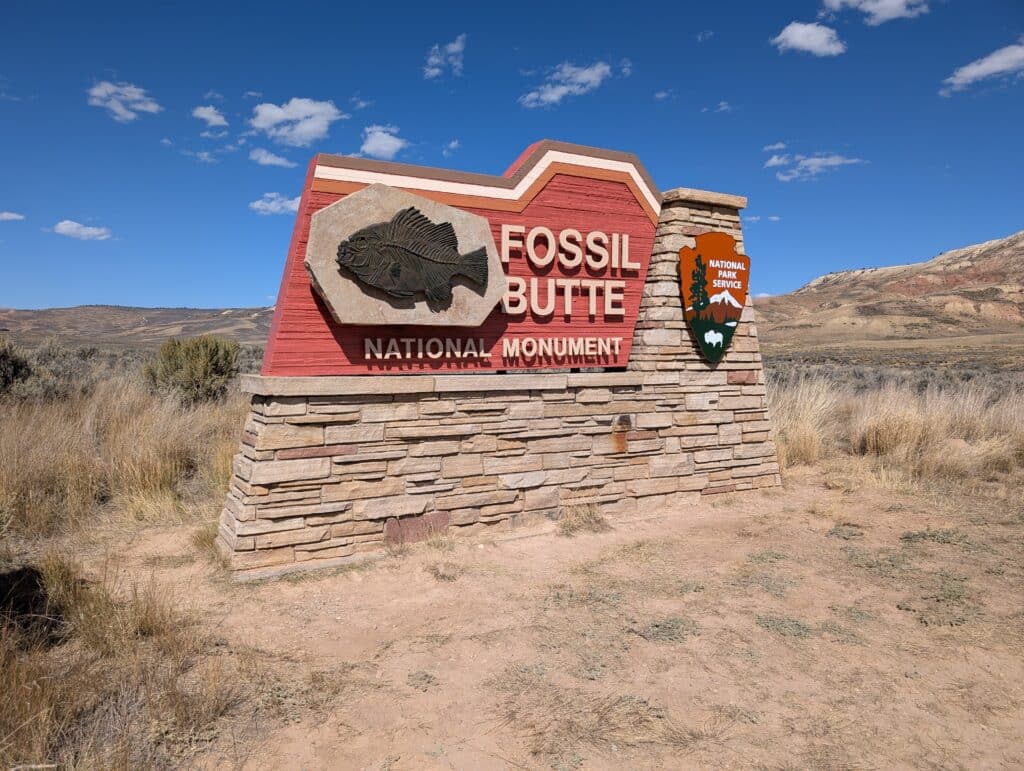 Fossil Butte National Monument, Wyoming, USA: Sign at the entrance to the national monument of the National Park Service. Only for editorial use.