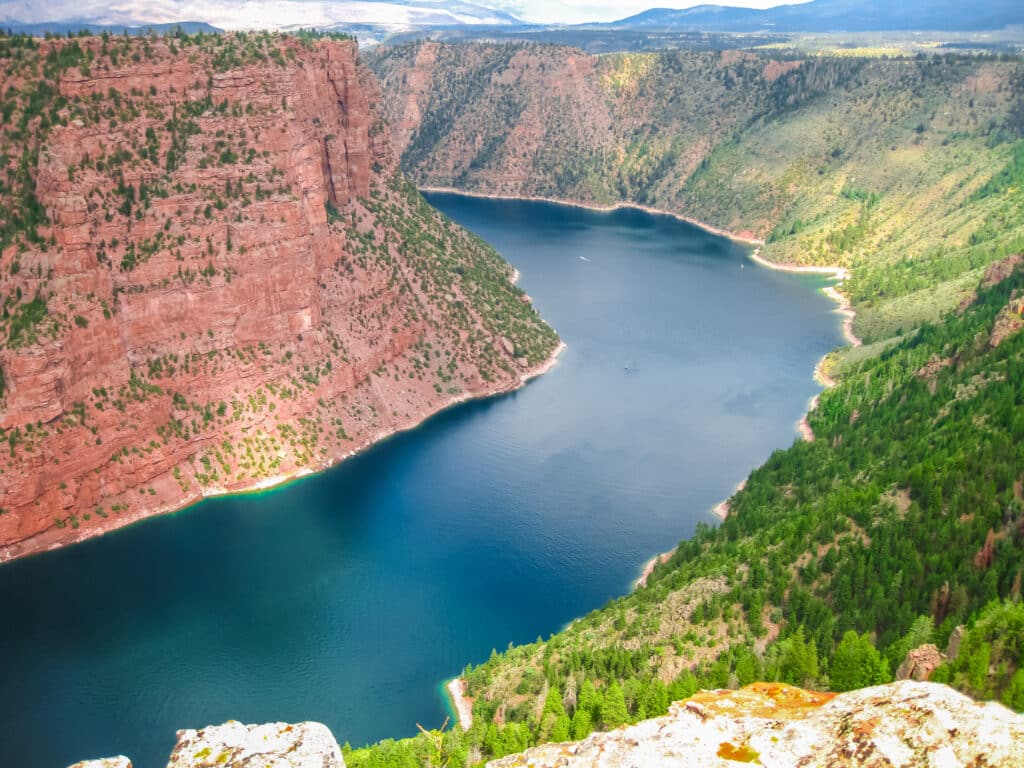 Aerial view of Flaming Gorge National Recreation Area located between Utah and Wyoming, a reservoir on the Green River, created by Flaming Gorge Dam located in the United States.