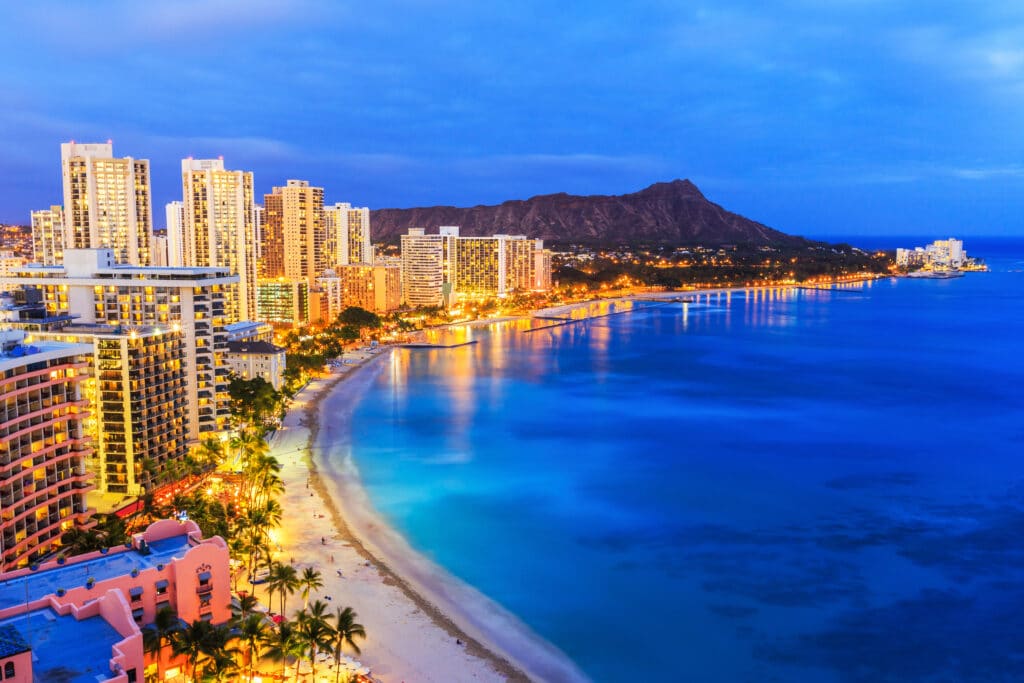 Honolulu, Hawaii. Skyline of Honolulu, Diamond Head volcano including the hotels and buildings on Waikiki Beach.