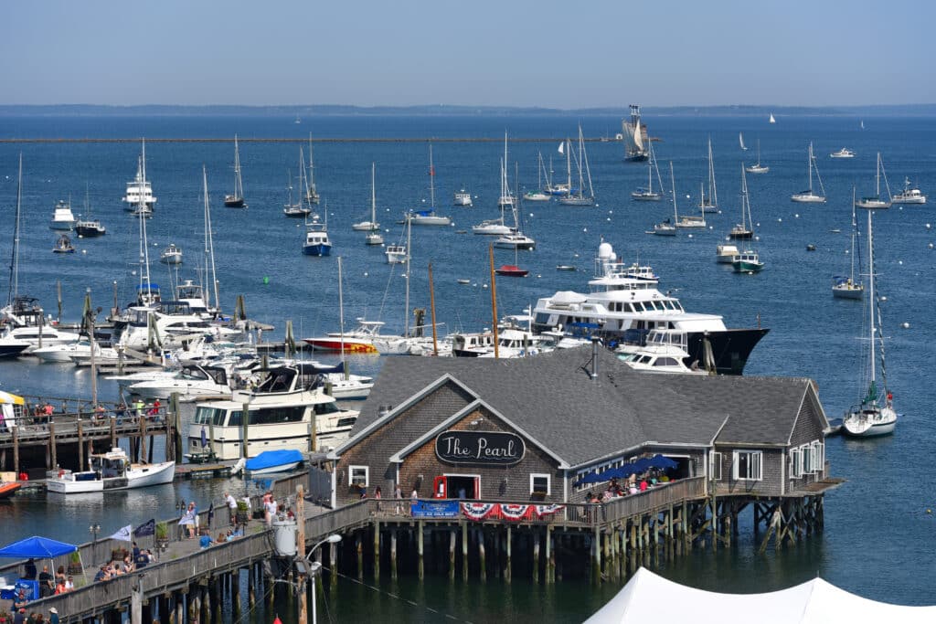 Aerial view of Rockland Harbor during Rockland Lobster Festival in summer, Rockland, Maine, USA