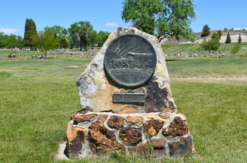NEWCASTLE, WYOMING: Oregon Trail Memorial at the Anna Miller Museum. The museum is housed in the Army National Guard Cavalry Stable, the last calvary stable in Wyoming.