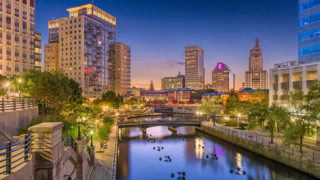 Providence, Rhode Island, USA park and skyline.