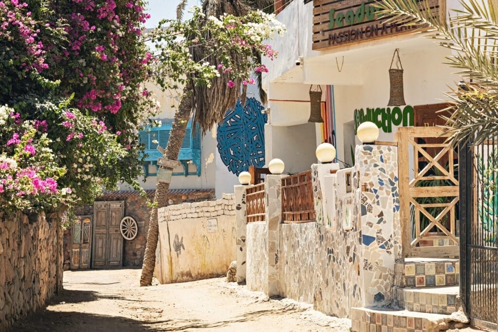 EGYPT: Dahab Assala area, narrow street, shops and cafes Egypt