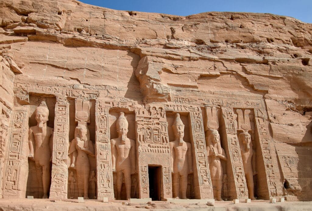 The exterior of the facade of the Abu Simbel temple in Egypt.