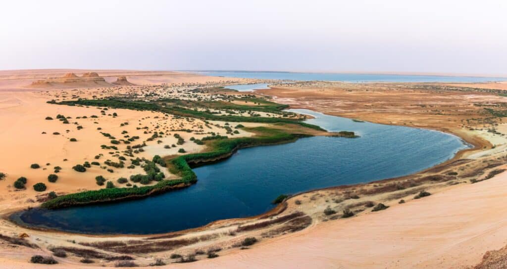 Panoramic View of the Magic Lake in Fayoum with Al-Madawara Mountain