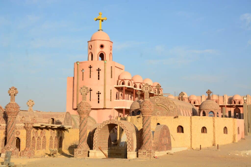 A stunning view of Anba Hor Monastery in Fayoum, Egypt. This is a new construction in the desert.Perfect for travel, architecture, and heritage themes. Photo taken in Fayom, Egypt