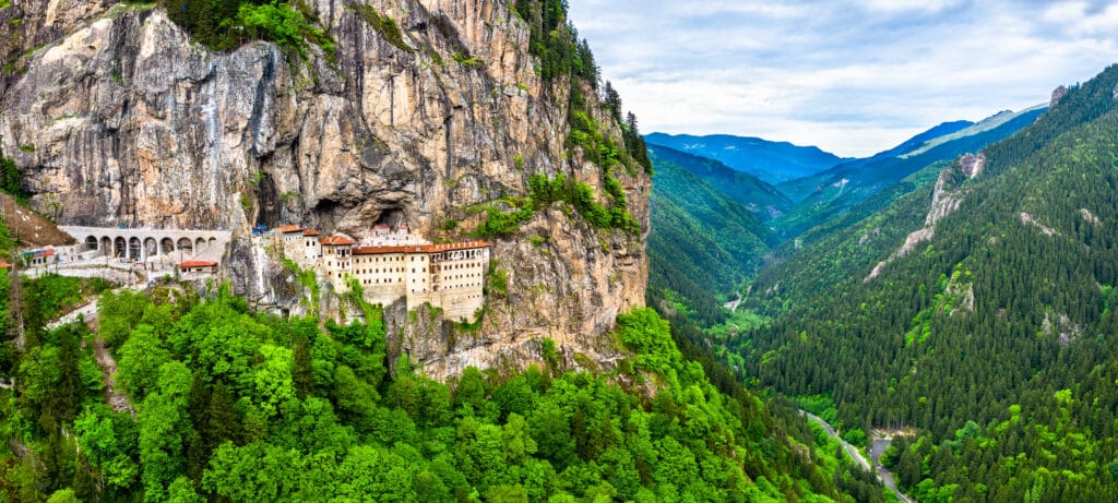 Panorama of Sumela Monastery at Mela Mountain in Turkey