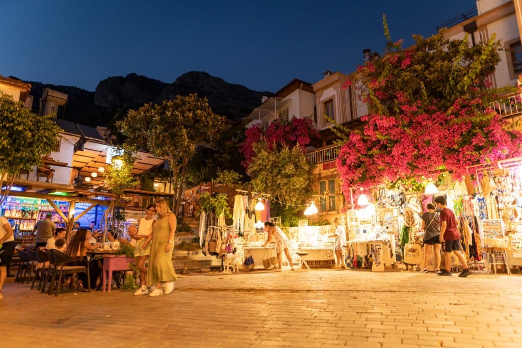 Kaş, Antalya Turkey: Night photo of people wandering in ancient amphitheater of Kaş.