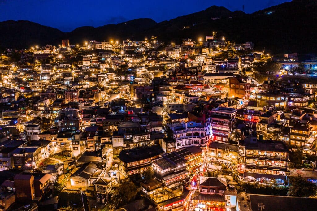 aerial view of night scene of Jioufen village, Taiwan. The colourful scene at night of Jiufen old city, Jiufen, Taiwan.