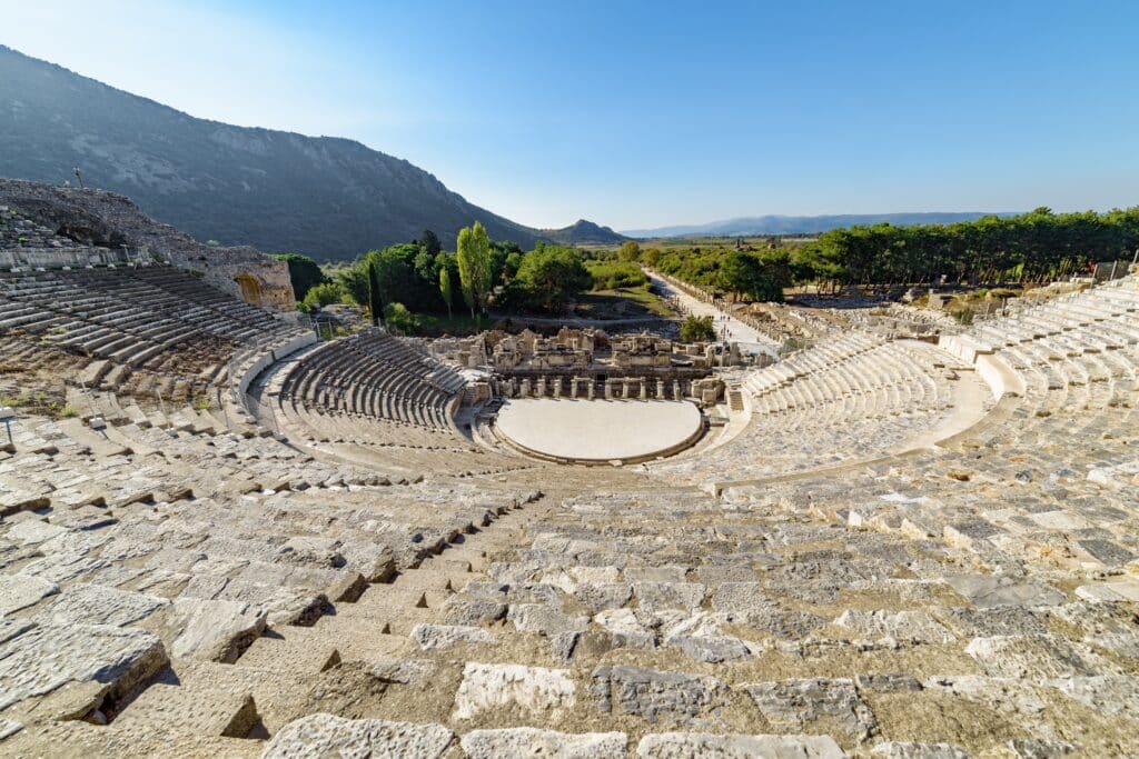 The Theatre of Ephesus (Efes) at Selcuk in Izmir Province, Turkey. The amphitheatre is the largest in the ancient world for gladiatorial combats and drama. Ephesus is a popular tourist destination.