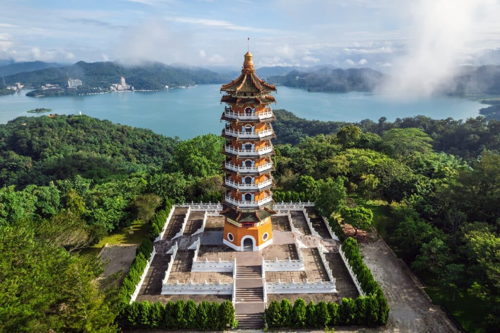 Foggy mourning at the Ci En Pagoda at Sun Moon Lake was built by Chiang Kai-shek in memory of his mother, Nantou County, Taiwan.