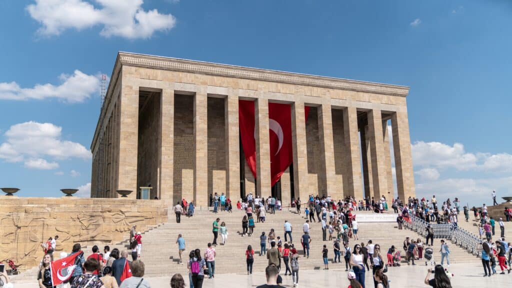 Ankara, Turkey: People visiting Anitkabir, mausoleum of Turkish leader Ataturk. Anitkabir is a big monument for Ataturk, who started the country. People visit to remember him.