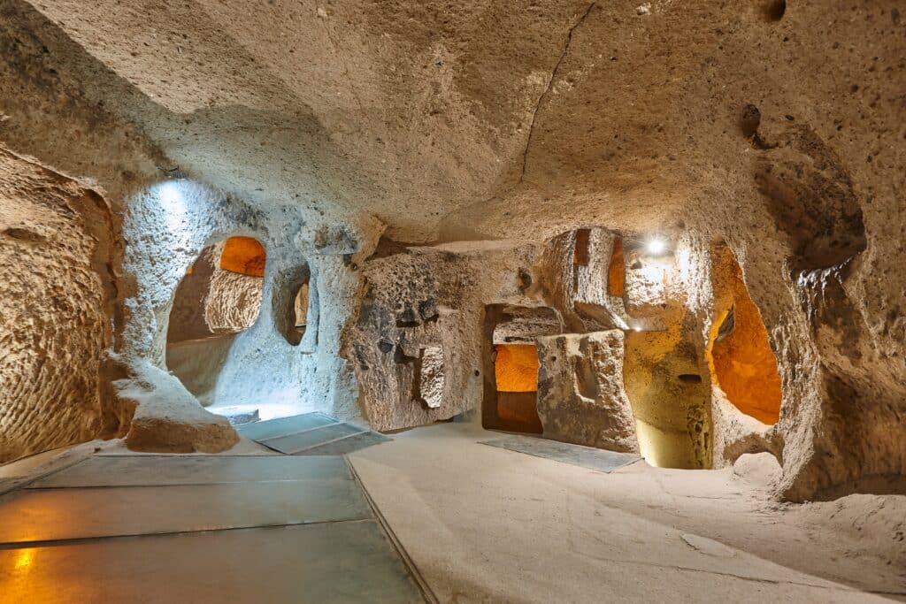 Interior corridor in underground city of Kaymakli. Cappadocia, Turkey
