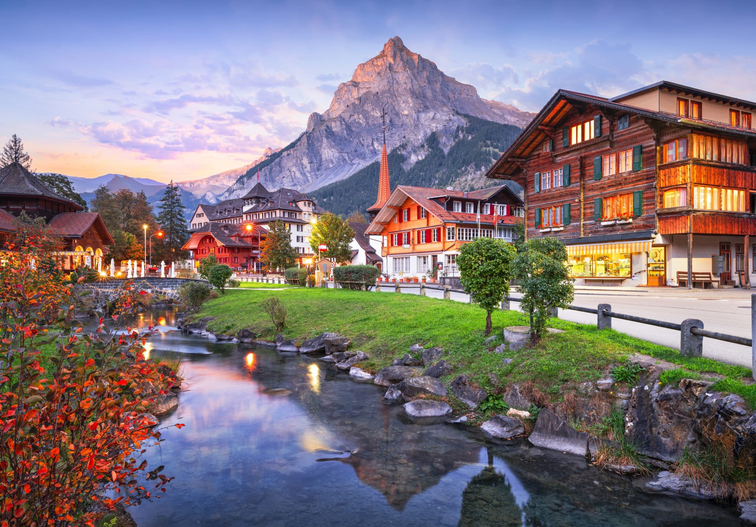 Kandersteg, Switzerland scenic town view at twilight in autumn season.