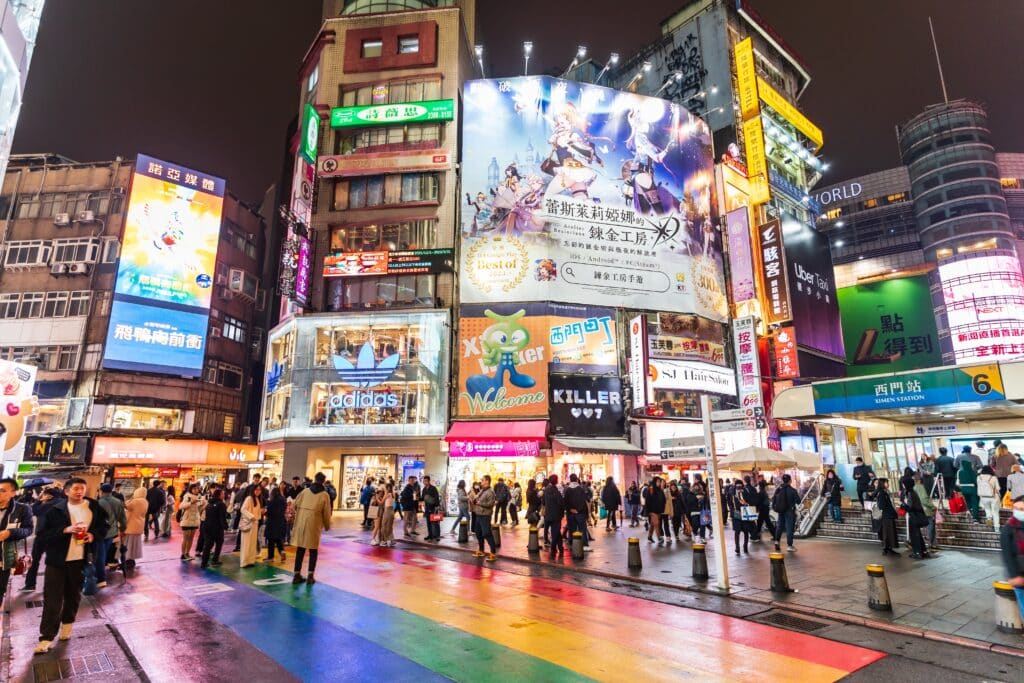 Taipei, Taiwan; Crowds of tourists enjoying at Ximending the famous night market and shopping street in Taipei, Taiwan