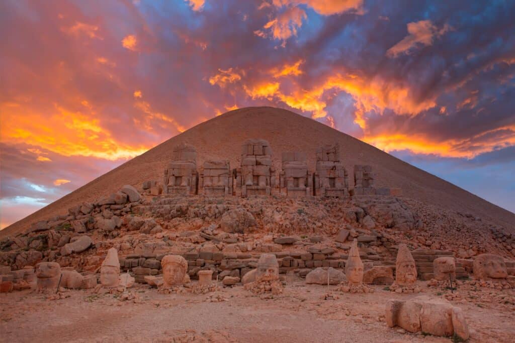 Heads of the statues on Mount Nemrut at sunset - Adiyaman, Turkey