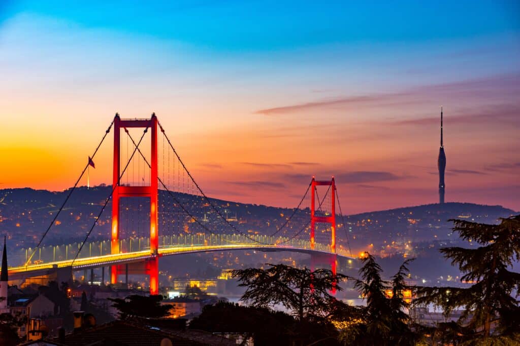 Istanbul City in Turkey. Beautiful Istanbul bosphorus sunrise landscape. Amazing colored sky in morning. Istanbul Bosphorus Bridge.