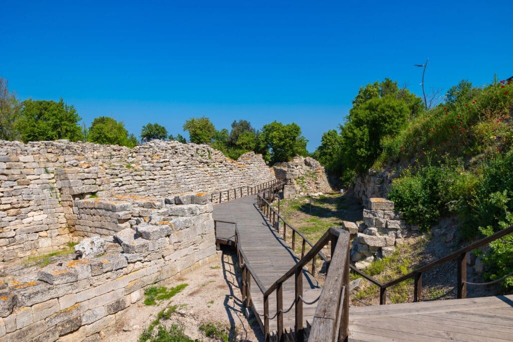 Troy ancient city view with a wooden walkway. Visit Turkiye background photo. Troy Ancient City in Canakkale.