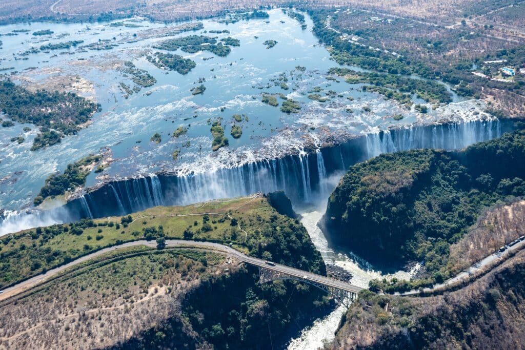 Aerial shot of the Victoria Falls on the Zimbawe Zambia Border.
