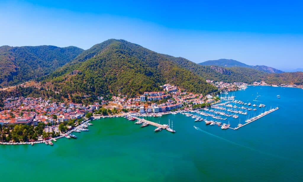Fethiye port aerial panoramic view. Fethiye is a city in Mugla Province, Turkey.