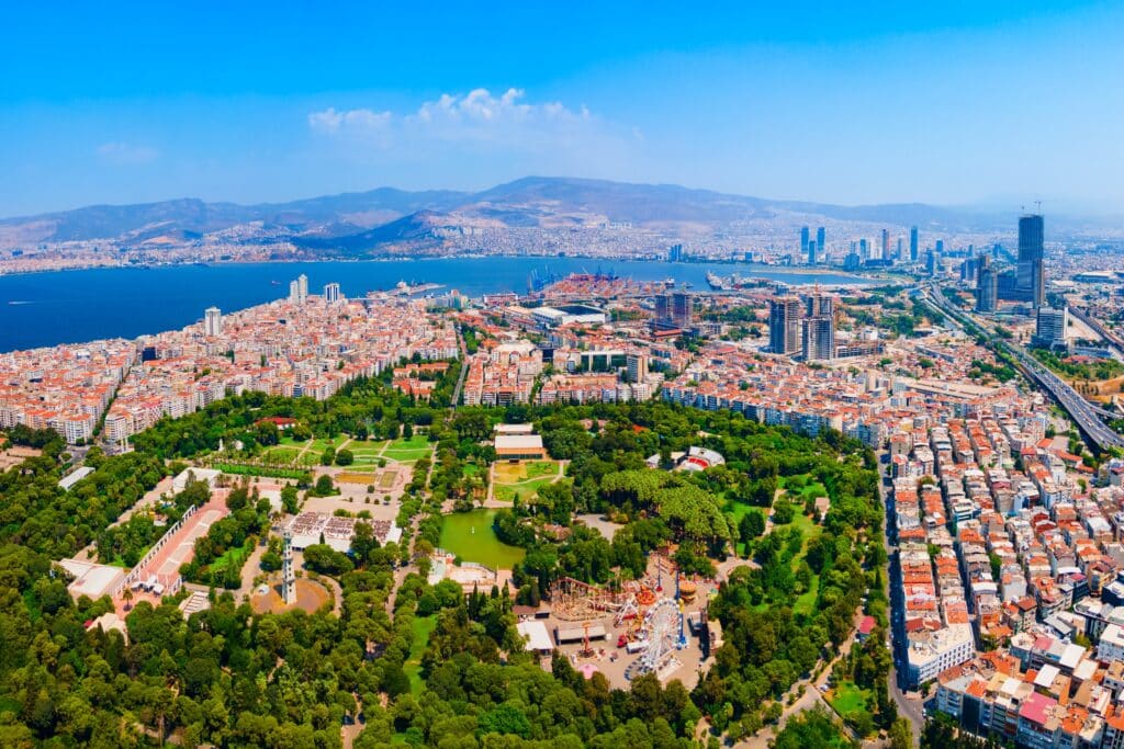 Izmir Kulturpark aerial panoramic view. Kulturpark is a public park in Izmir city on the west coast of Anatolia and capital of Izmir Province in Turkey.