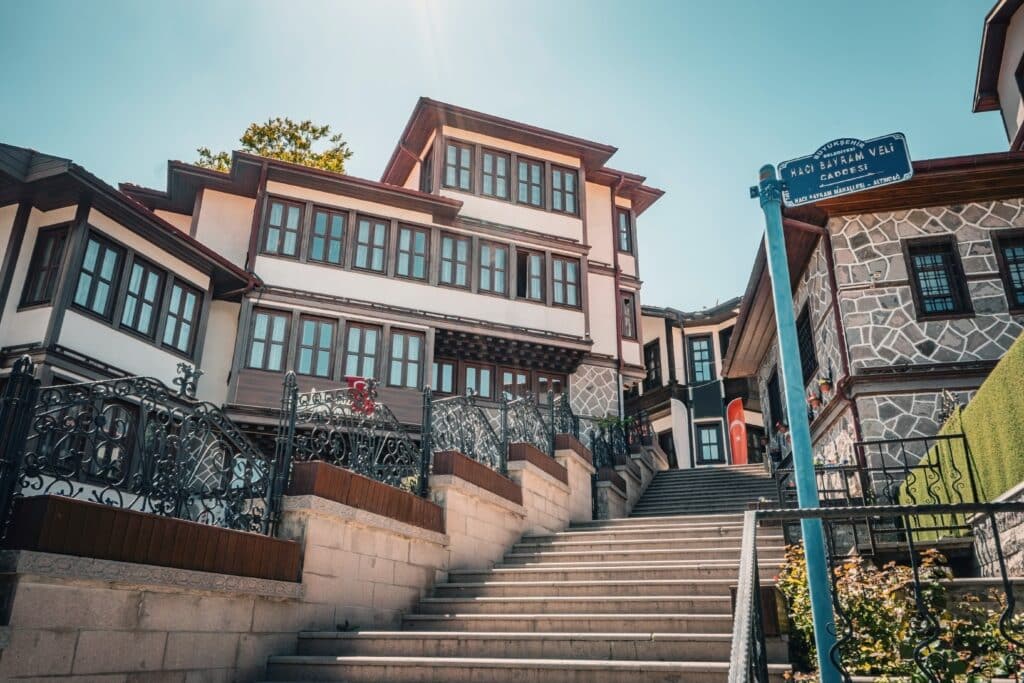 Traditional Ottoman-style houses and stone stairways in Haci Bayram district of Ankara, Turkey. A historic and cultural street view in the heart of the old city.
