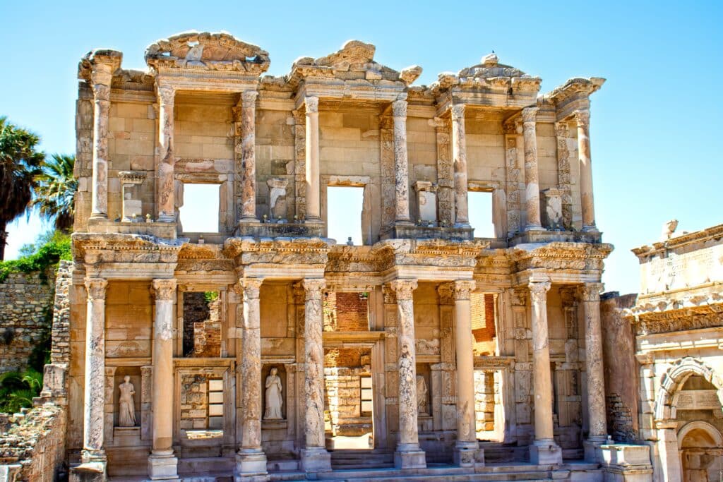 The Library of Celsus in the Ancient City of Ephesus. The Splendor of Ancient Architecture. Celsus Library from the ruins of the ancient city of Efes. Türkiye's famous tourism destination. Unesco.