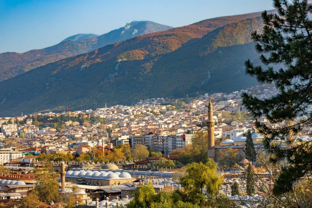 Panoramic view of Bursa city with historic mosques and Uludağ mountain. Bursa, Turkey