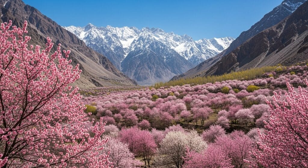 Delicate pink and white cherry blossoms burst into bloom across the Hunza Valley, creating a stunning contrast against the majestic, snow-capped peaks like Rakaposhi.
