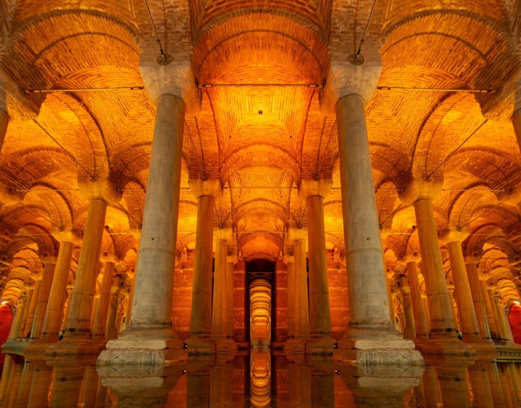 The Basilica Cistern, or Yerebatan Sarayi, is the ancient underground water reservoir beneath Istanbul city, Turkey.