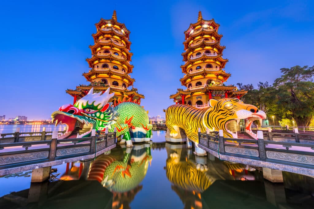 Kaohsiung, Taiwan Dragon and Tiger Pagodas at Lotus Pond.
