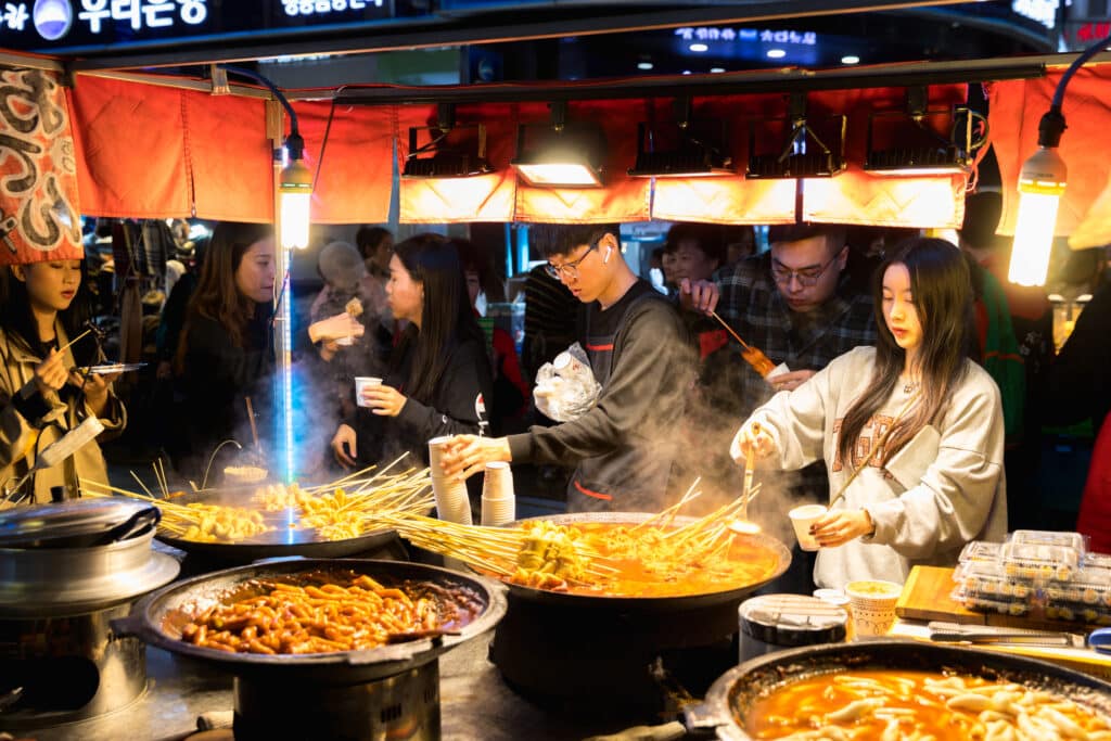 Stall with South Korea street food, Korea local food oden fish cake it is famous and spicy Soup in Myeongdong in Seoul, South Korea