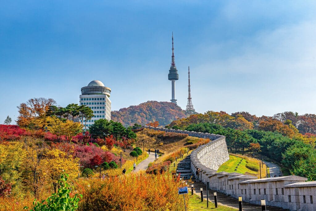 Namsan Seoul Tower castle wall during autumn leaves, taken in Seoul, South Korea.