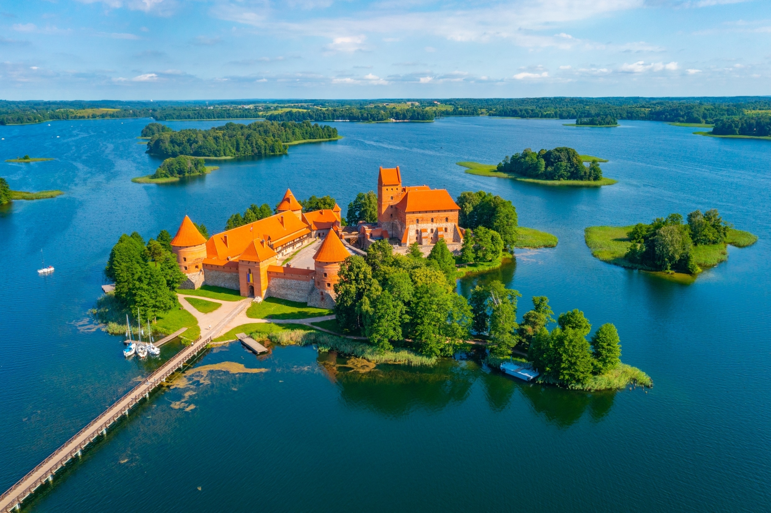 Aerial view of Trakai castle at Galve lake in Lithuania.