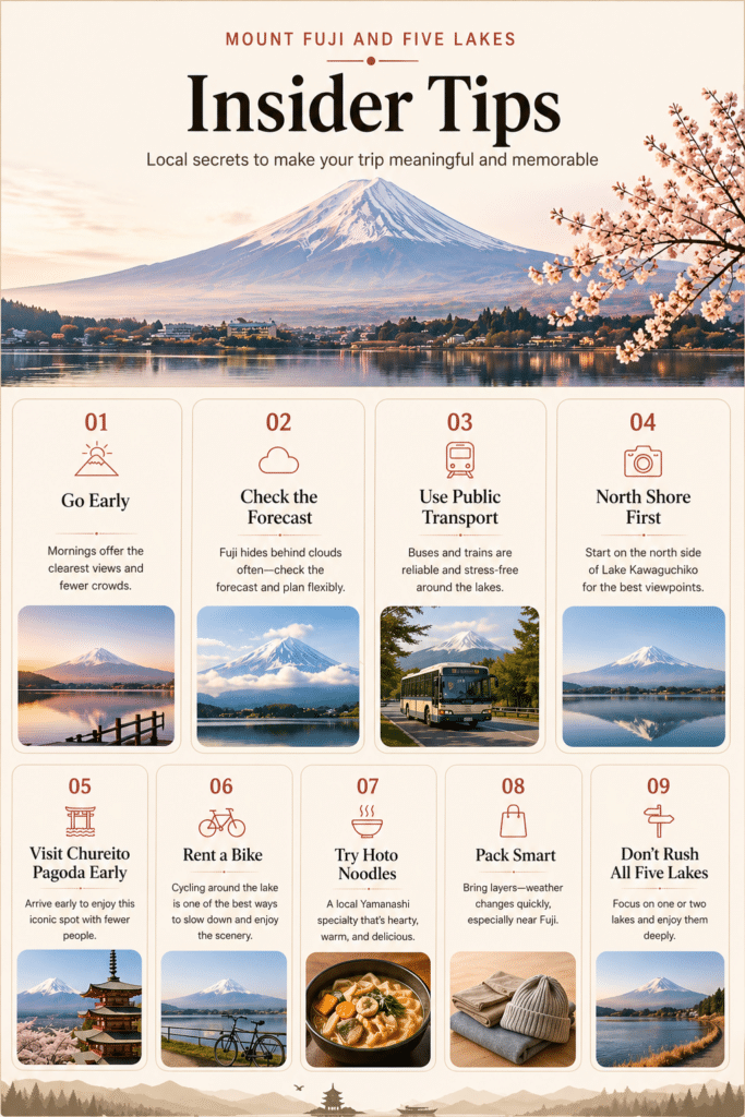 Mount Fuji and Five Lakes insider tips infographic travel guide
