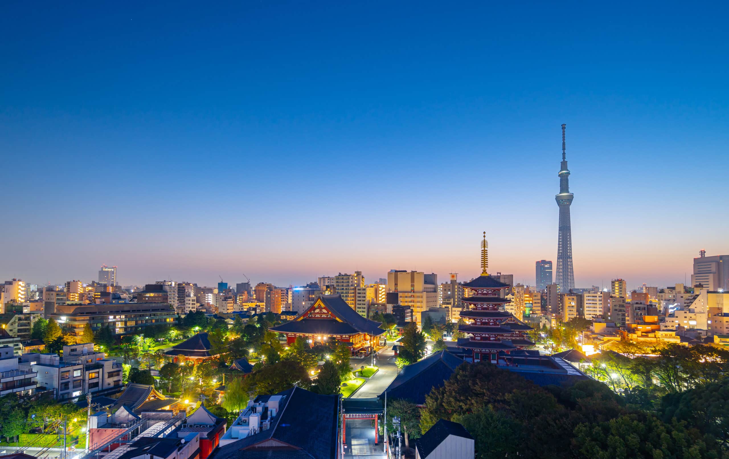 Tokyo skyline at night with Senso-ji Temple and Tokyo Skytree