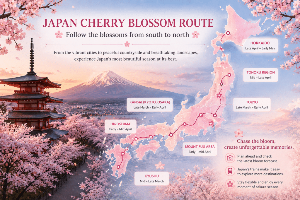 Japan cherry blossom route map showing sakura season from Kyushu to Hokkaido with major blooming regions and travel destinations