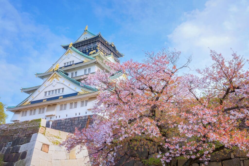 Osaka Castle surrounded by cherry blossoms in spring with blue sky in Japan